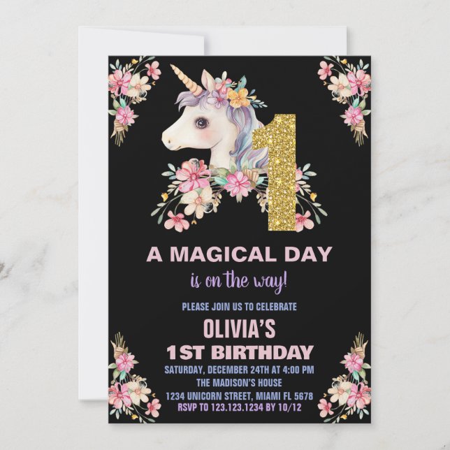Convites Floral Unicorn - Vozes de Aniversário (Frente)