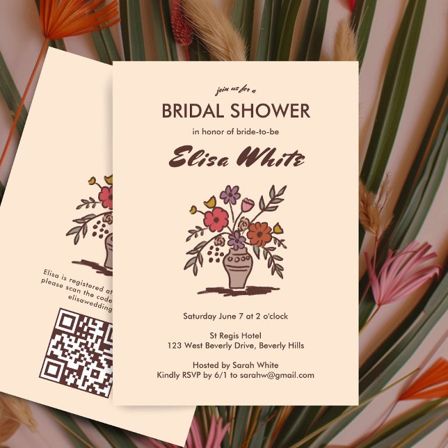 Convites Floral Vase Neutral Chá de panela Whimy QR (Floral Vase Neutrals Whimsical Bridal Shower QR Invitation
)