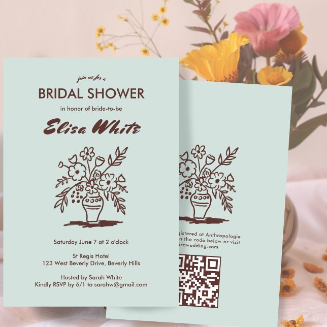 Convites Floral Vase Rustic Whimsical Código QR Chá de pane (Floral Vase Rustic Whimsical Custom QR Code Bridal Shower Invitation Earthy Neutrals Sage
)