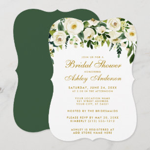 Convites Floral Verde Branco Dourado com Aquarela Chá de pa