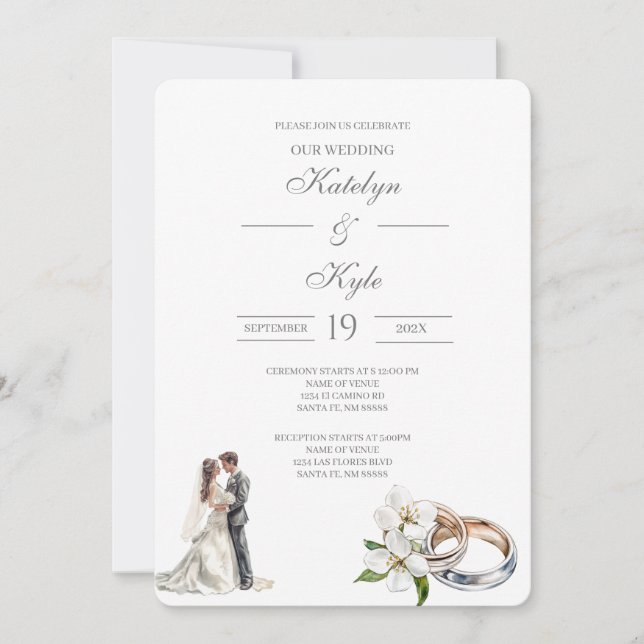 Convites Floral verde com anel Casamento Espanhol (Frente)