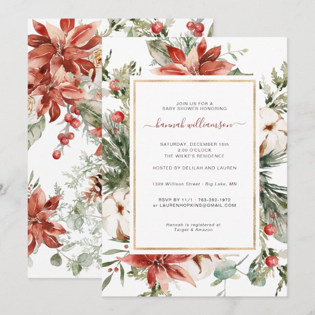 Convites Floral Verde de Inverno | Chás de Bebê de Natal (Frente/Verso)