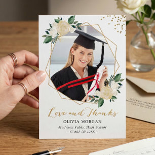 Convites Floral Verde Dourado Graduação Foto Obrigado