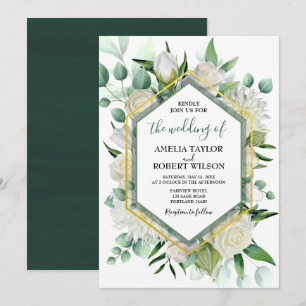 Convites Floral Verde e Branco com Quadro Dourado