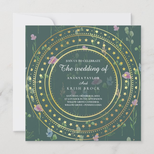 Convites Floral Verde e Dourado, Casamento (Frente)