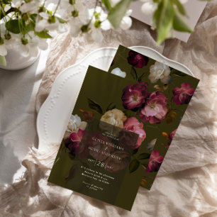 Convites Floral Verde Escuro Sombrio Preto Elegante Românti
