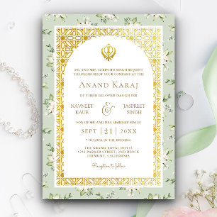 Convites Floral Verde-Menta Anand Karaj Casamento Punjabi S