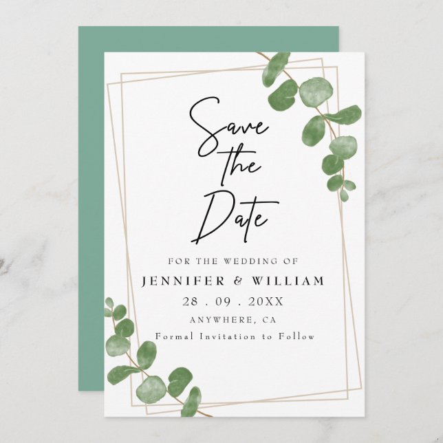 Convites Floral Verde Minimalista Salve a Data (Frente/Verso)