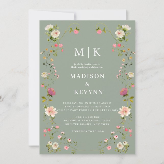 Convites Floral Verde Mínimo e Chic Sage | Casamento (Frente)