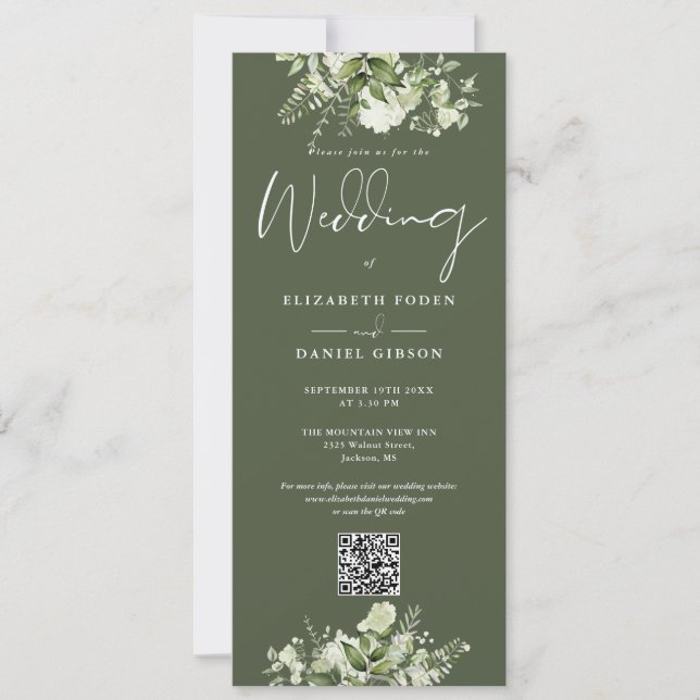 Convites Floral Verde Oliva Código QR Casamento (Frente)
