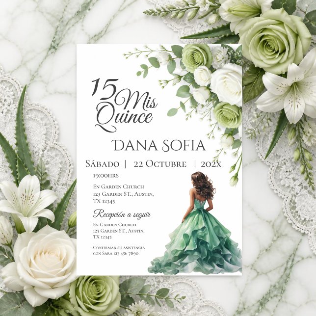 Convites Floral Verde Quincenera em Espanhol (Criador carregado)