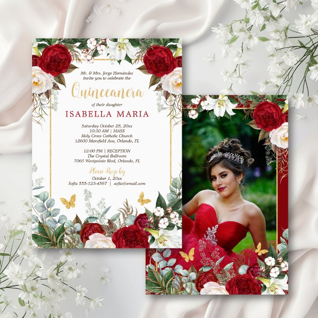 Convites Floral Vermelho Moderno Elegante com Photo Quincea (This quince invite features red and white watercolor roses and a photo on the back.)