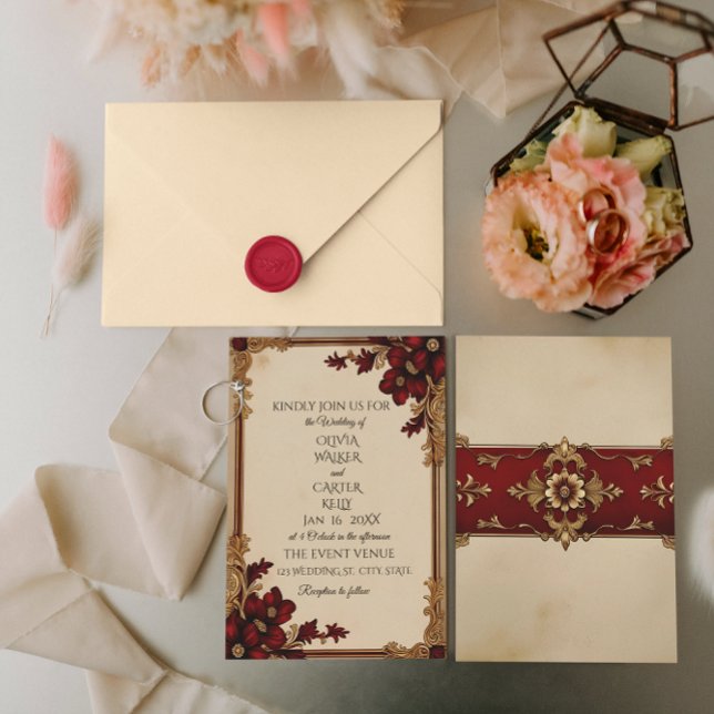 Convites Floral Vermelho Profundo da Borgonha Vitoriana (front/back)