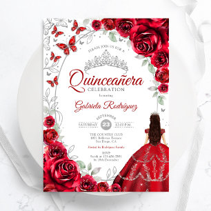 Convites Floral Vermelho Quinceanera Prata