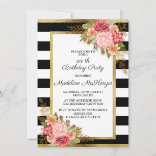 Convites Floral Vermelho Rosa Listras Preto Branco Dourado