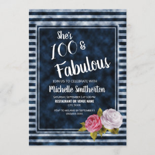 Convites Floral Vintage Azul Faixa Branca 100º Aniversário