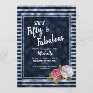 Convites Floral Vintage Azul Marinho Branco Listrado Cinque