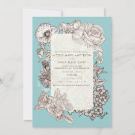 Convites Floral Vintage Azul Turquesa Casamento Moderno