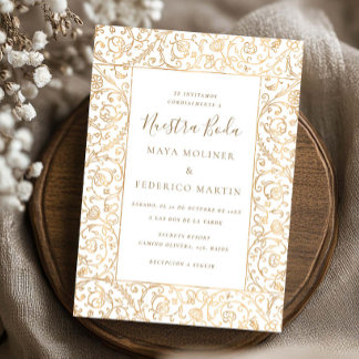 Convites Floral Vintage Dourado & Branco Nuestra Boda Casam