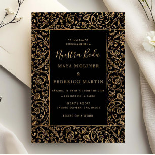 Convites Floral Vintage Dourado & Preto Nossa Noiva Casamen
