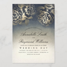 Convites Floral Vintage Eclectic Blue e Dourado Casamento