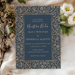 Convites Floral Vintage Ouro & Azul Nossa Noiva Casamento