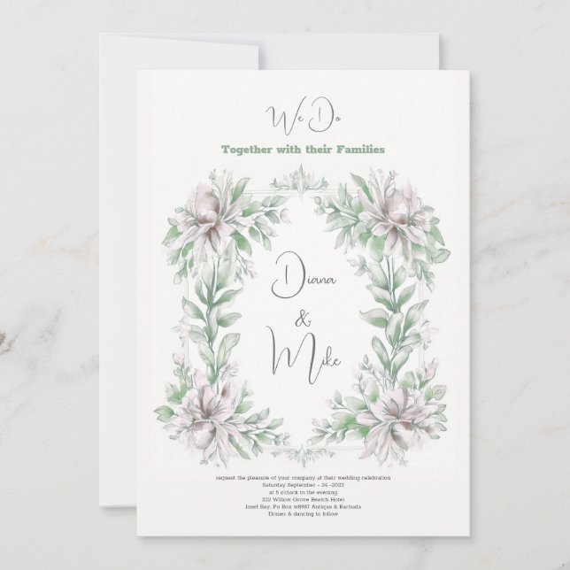 Convites Floral Vintage Sage verde, com detalhes, (Frente)