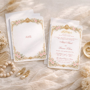 Convites Floral Vitoriano Mínimo Dourado Nikkah Muçulmano R