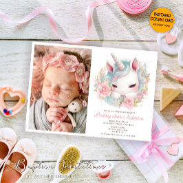 Convites Floral Watercolor Baby Unicorn, Photo Girl Baptism
