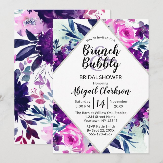Convites Floral Watercolor Brunch e Chá de panela de Borrac (Frente/Verso)