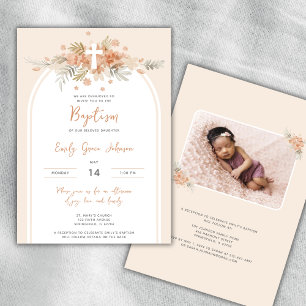 Convites Floral Watercolor Cross Peach Baptism Foto