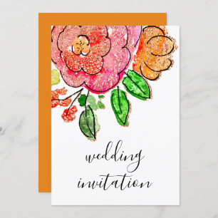 Convites Floral Watercolor Laranja Rosa