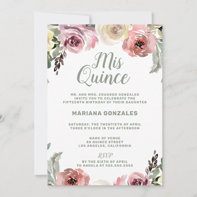 Convites Floral Watercolor Mis Quince Quinceanera (Frente)