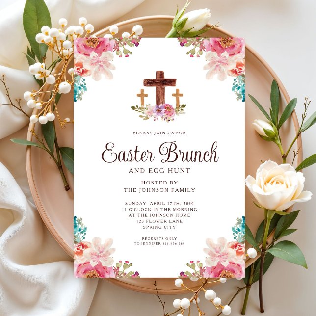 Convites Floral Watercolor Páscoa Religiosa Brunch (Floral Watercolor Religious Cross Easter Brunch Invitation)