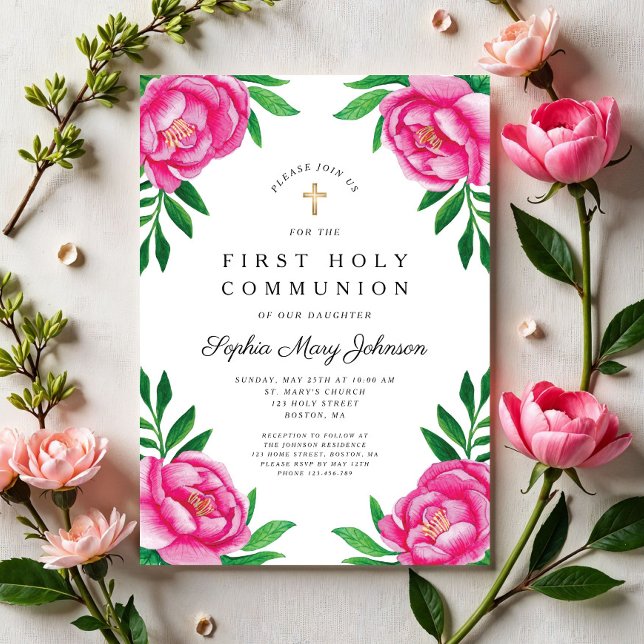 Convites Floral Watercolor Pink Peonies Primeira Comunhão (Floral Watercolor Pink Peonies First Communion Invitation)