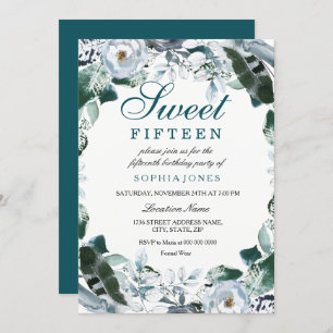 Convites Floral Watercolor Teal Green Sweet 15 Party Convid