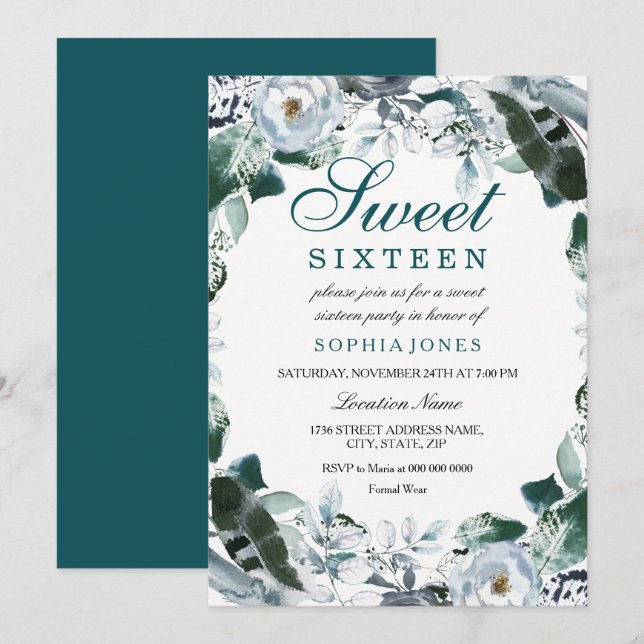 Convites Floral Watercolor Teal Green Sweet 16 Party Convid (Frente/Verso)