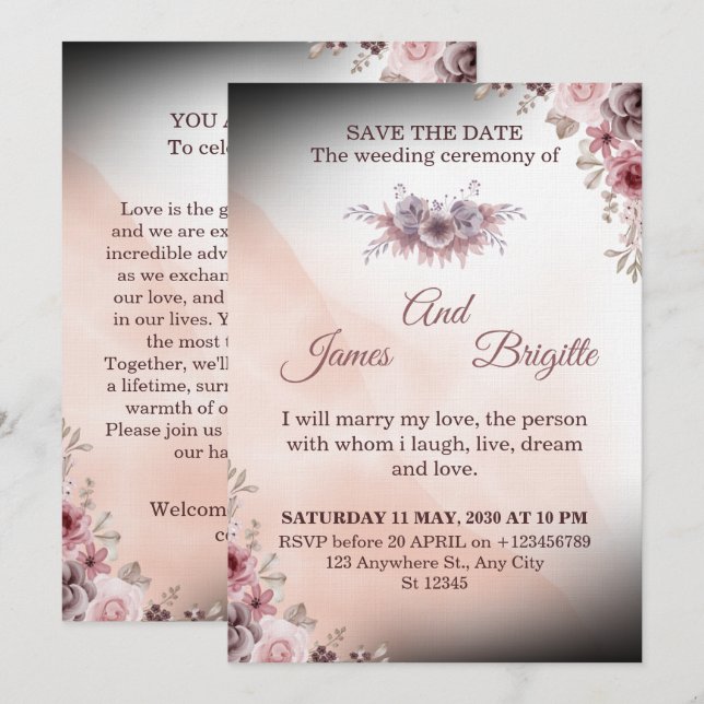 Convites Floral Wedding Invitation CARD modern design (Frente/Verso)