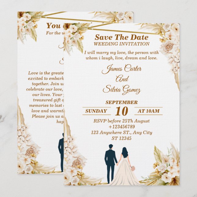 Convites Floral Wedding Invitation – Modern invite card (Frente/Verso)