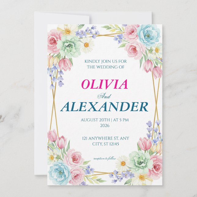 Convites Floral Wedding Invitations Colorful Spring (Frente)