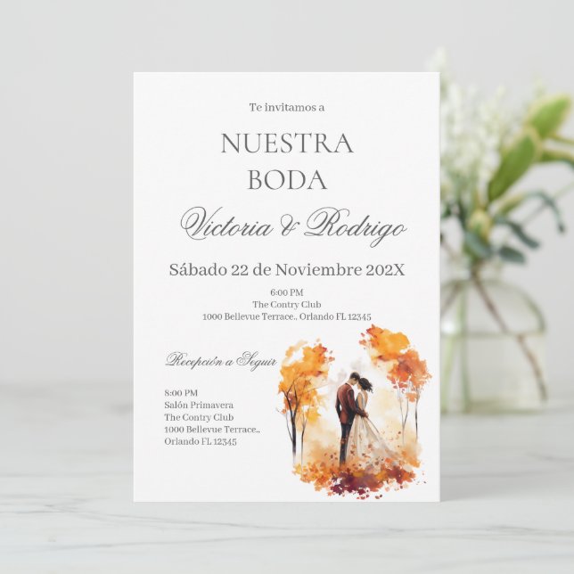 Convites Floral Wedding invite in Spanish (Em pé/Frente)