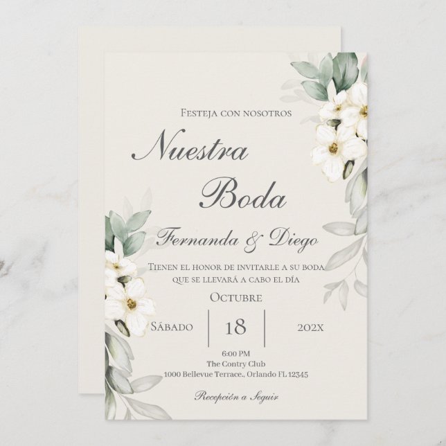 Convites Floral Wedding invite in Spanish (Frente/Verso)