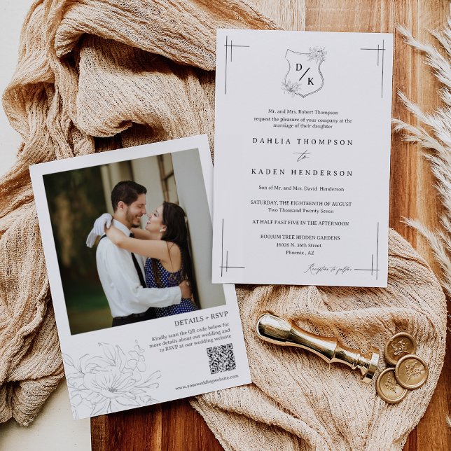 Convites Floral Wedding Vintage Código QR Foto (Criador carregado)