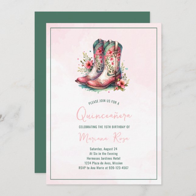 Convites Floral Western Boots Quinceanera Birthday (Frente/Verso)