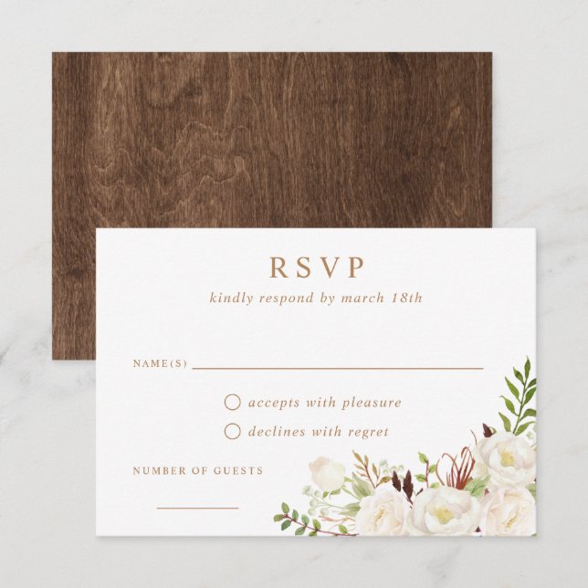 Convites Floral White Greenery Rustic Wood Weding RSVP (Frente/Verso)