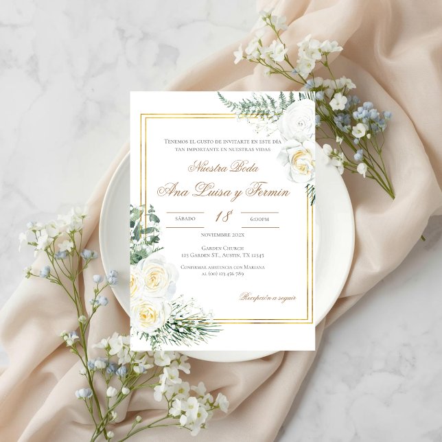 Convites Floral White Spanish Wedding Invitation (Criador carregado)