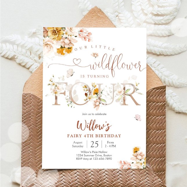 Convites Floral Wildflower 4th Birthday Invitation (Criador carregado)