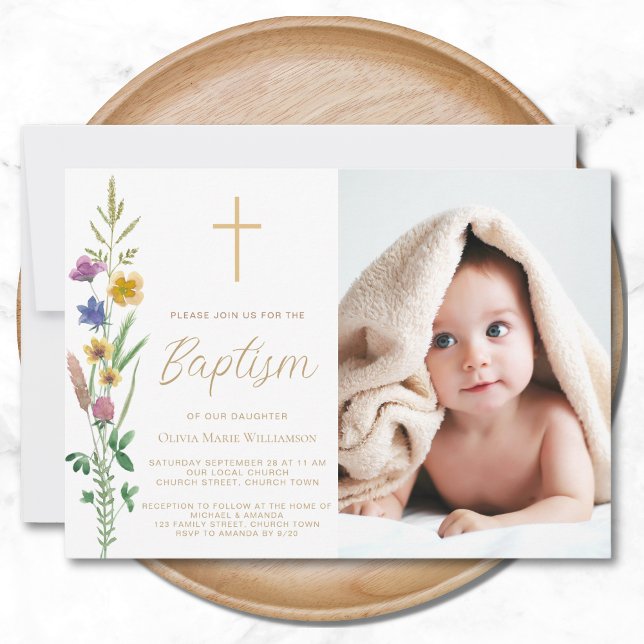 Convites Floral Wildflower Photo Baptism (Criador carregado)