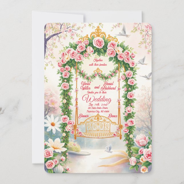 Convites Floral with Gold Swing Wedding Invitation (Frente)