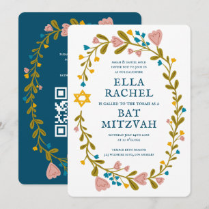 Convites Floral Wreath Bat Mitzvah Código QR personalizado 